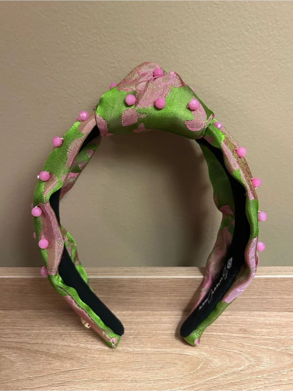 Brianna Cannon Pink and Green Floral Satin Twist Knot Beaded Headband
